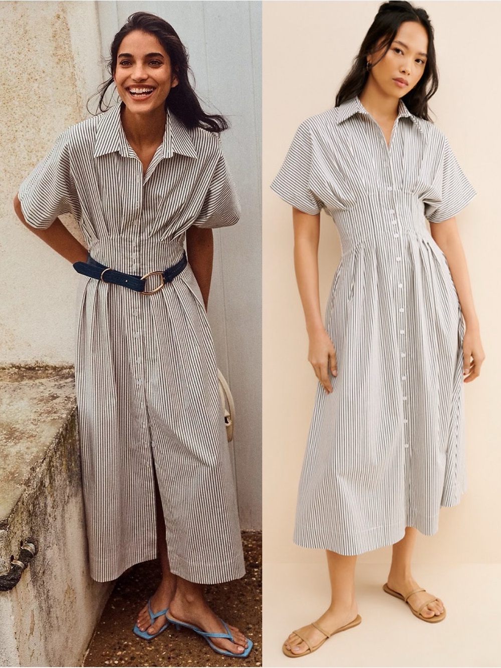 Exquise Tobie Shirtdress Black White Stripe Pleats Button Front Pocket Dress XSP